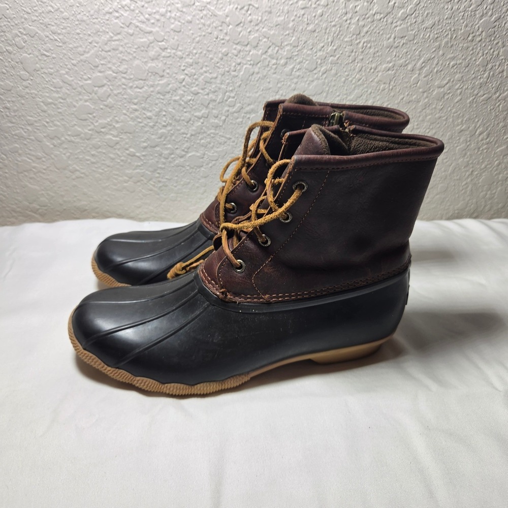 Sperry Saltwater Duck Boots Brown Black Leather Rain Boots STS91176 Womens 10M